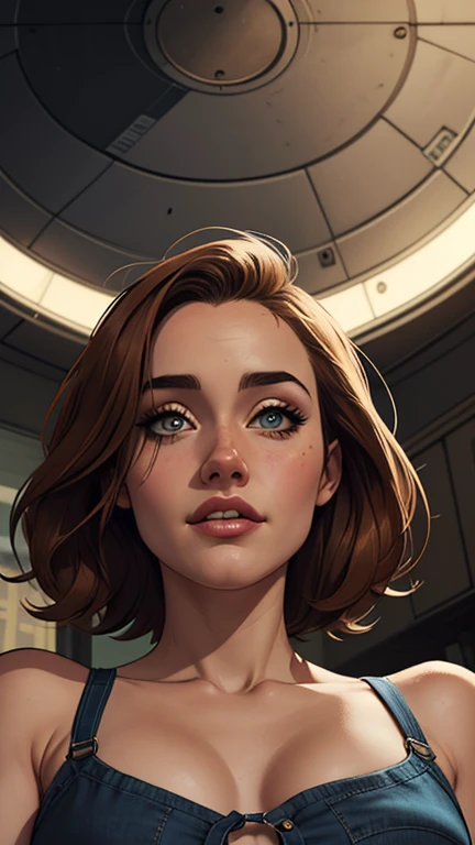 Personagem mulher estilo atompunk Fallout 4 cabelos pretos atriz Ella Purnell com marcas de guerras Imagem de desenho animado de uma mulher .Ilustracaoo estilo desenho animado, estilo de arte dos desenhos animados, estilo de arte dos desenhos animados, digital illustration style, estilo atompunk design de personagens altamente detalhado, arte digital detalhada coragem,actress Ella Purnell Forest fan art, Design de cabelos pretos personagens de retrato, beautiful digital illustration, retrato de alta qualidade, Arte em quadrinhos, mulher jovem cabelo com transas lindas . Eyelined eyes Medium large bust and wonderful sexy clothes. image expression of sexual desire from waist to head illustration atompunk style Fallout 4 The perspective is from below, enfatizando a majestade e o poder da Gigante."atriz Ella Purnell cabelos pretos