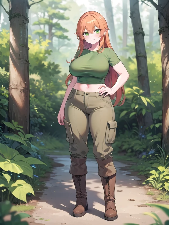 ((Masterpiece)), ((Best Quality)), (Perfectly Detailed), ((Perfect Anatomy)), (Accurate Lighting), (Accurate Shadows), ((Solo)), (Accurately Detailed),                                                     A Young-Adult Girl, with Long Orange Hair, Green Eyes, (Extremely Gigantic Breasts), Wide Hips, slightly tall, and is mildly muscular. Wearing a (Worn Green Shirt), (Brown Cargo-Pants), and (Tall Grey Hiking-Boots). Hiking in a Forest, with a small creek and more forest in the background.