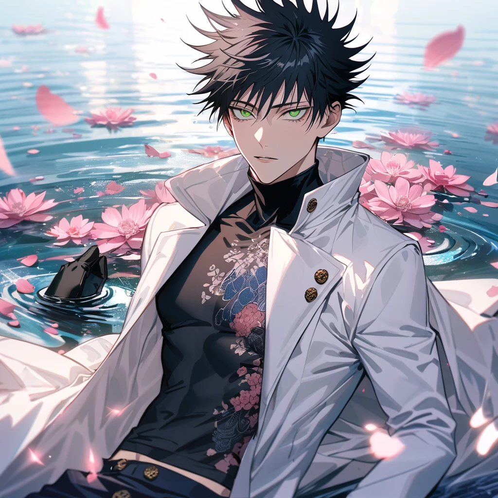 Ultra detailed, Highres, absurdres, Fushiguro Megumi, black hair, green eyes, white long coat with patterns, Jujutsu Kaisen, pink flowers, petals, extremely handsome, sexy man, solo, very detailed eyes and face, black gloves, water, pink butterflies, black tight t-shirt,