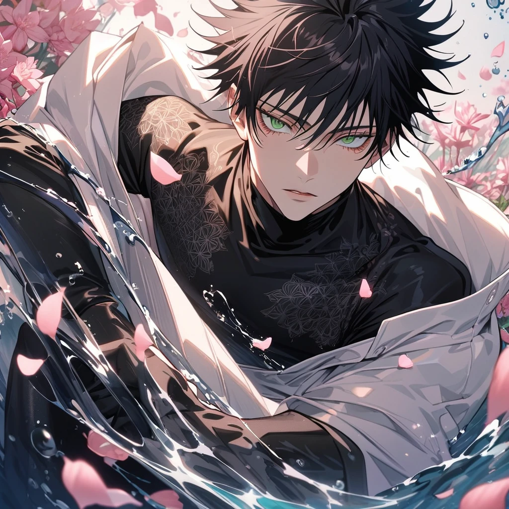 Ultra detailed, Highres, absurdres, Fushiguro Megumi, black hair, green eyes, white long coat with patterns, Jujutsu Kaisen, pink flowers, petals, extremely handsome, sexy man, solo, very detailed eyes and face, black gloves, water, pink butterflies, black tight t-shirt,