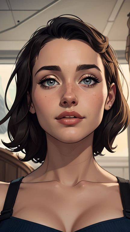 Personagem mulher estilo atompunk Fallout 4 cabelos pretos  atriz Ella Purnell com marcas de guerras Imagem de desenho animado de uma mulher .Ilustracaoo estilo desenho animado, estilo de arte dos desenhos animados, estilo de arte dos desenhos animados, digital illustration style, estilo atompunk design de personagens altamente detalhado, arte digital detalhada coragem,actress Ella Purnell with black hair slim body Forest fan art, Design de cabelos pretos personagens de retrato, beautiful digital illustration, retrato de alta qualidade, Arte em quadrinhos, s . Eyelined eyes, medium bust and wonderful sexy clothes. image expression of sexual desire from waist to head illustration atompunk style Fallout 4 The perspective is from below, enfatizando a majestade e o poder da Gigante."atriz Ella Purnell cabelos pretos