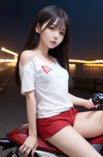 best quality, detailed, beautiful, insanely detailed, absurdres,perfect anatomy, Japanese woman,black hair,27 years old, (slender), (small breasts),
(long exposure:1.0), full body shot, (red shorts:1.2), (white drop shoulder tee:1.2),(Riding a motorcycle in a forward leaning position:1.1), speeding down a straight road, (impressive panoramas:1.3)