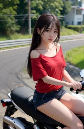 best quality, detailed, beautiful, insanely detailed, absurdres,perfect anatomy, Japanese woman,black hair,27 years old, (slender), (small breasts),
(long exposure:1.0), full body shot, (red shorts:1.2), (white drop shoulder tee:1.2),(Riding a motorcycle in a forward leaning position:1.1), speeding down a straight road, (impressive panoramas:1.3)