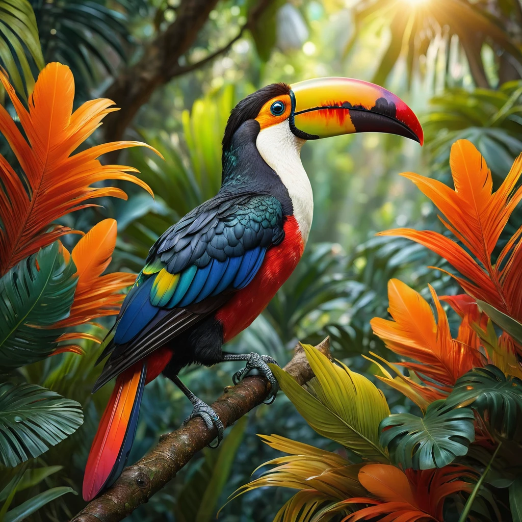 (a colorful, bright, realistic tucan)

best quality,4k,8k,highres,masterpiece:1.2,ultra-detailed,photorealistic:1.37,HD,studio lighting, vivid colors,physically-based rendering,extreme detail description,professional

bird,tucan,detailed beak,detailed feathers,vibrant colors,nature,exotic, tropical landscape, lush green foliage, sunlight streaming through trees, colorfully decorated forest, intricate pattern on beak, glossy feathers, shimmering wings, graceful flight, beak with sharp, precise details, intricate lines on feathers, contrasting hues, iridescent feathers, realistic texture, intricate eye details, detailed legs and claws, magnificent creature

(portrait, realistic artwork, colorfully decorated tucan, beautifully painted feathers, exquisite eyes, vibrant expression, detailed features, artistic rendition, dramatic presence, masterful brushstrokes)

color palette: bright, vibrant colors, rich oranges, deep blues, vibrant yellows, lush greens

lighting: natural sunlight, casting warm, golden hues, soft shadows, highlighting the details of the feathers, creating a lively and energetic atmosphere
