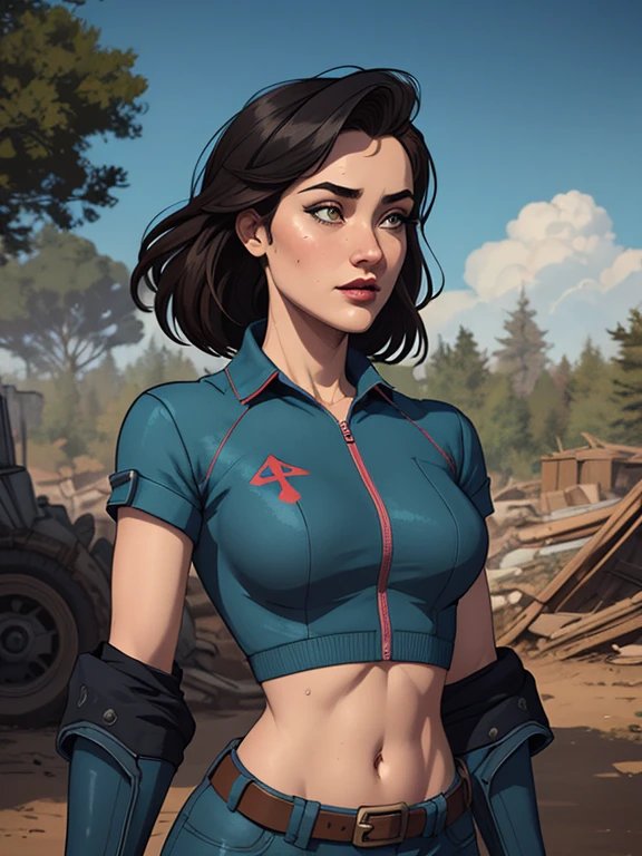 Personagem mulher PinUp dos anos 30 com marcas de guerras Imagem de desenho animado de uma mulher .cartoon style illustration, estilo de arte dos desenhos animados, estilo de arte dos desenhos animados, digital illustration style, design de personagens altamente detalhado, arte digital detalhada coragem, Forest fan art, Design de personagens de retrato, beautiful digital illustration, retrato de alta qualidade, Arte em quadrinhos, mulher jovem cabelo com transas lindas . Beautiful lined eyes Medium large bust and wonderful sexy clothes. image expression of sexual desire from the waist to the illustration Jennifer Connelly Fallout 23 uniform
