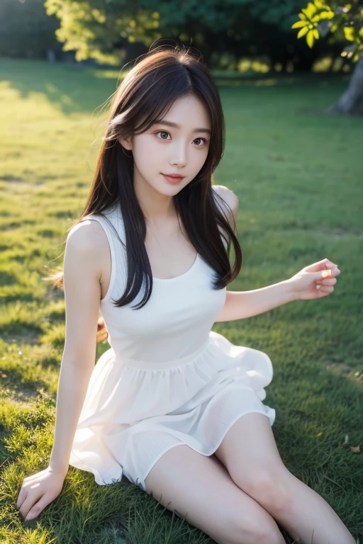 ,masterpiece, highest quality,8k, Ultra-high resolution,Real Light and Shadow,Cinema Lenses,(Beautiful Eyes:1.1), ((Medium shot scenes,Upper body)),Dynamic Pose,In the green grassland,A gentle goddess came with gentle steps。She was wearing a white dress,A gentle breeze blows,The skirt flutters lightly。The sun shines through the leaves into her hair,Reflecting her clear eyes and gentle smile。Colorful butterflies fluttered around her.,Flowers bloomed at her feet,It was as if nature was cheering her on.。