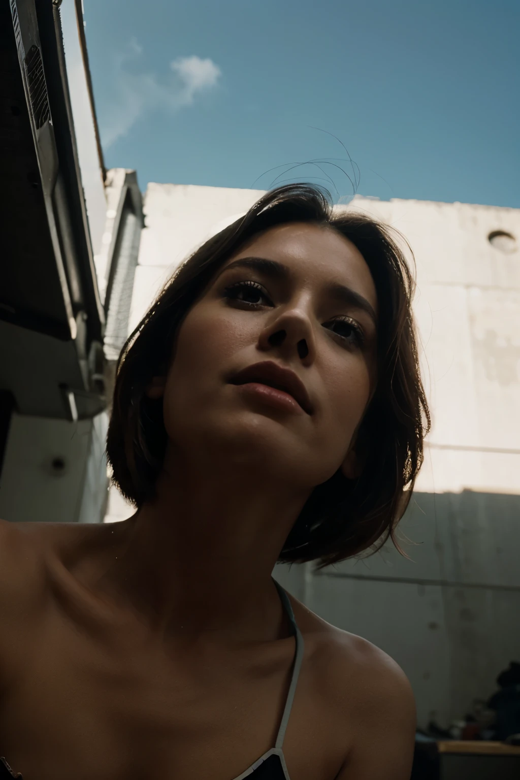 A woman camera angle with view from below her chin cinematic cinematic style 