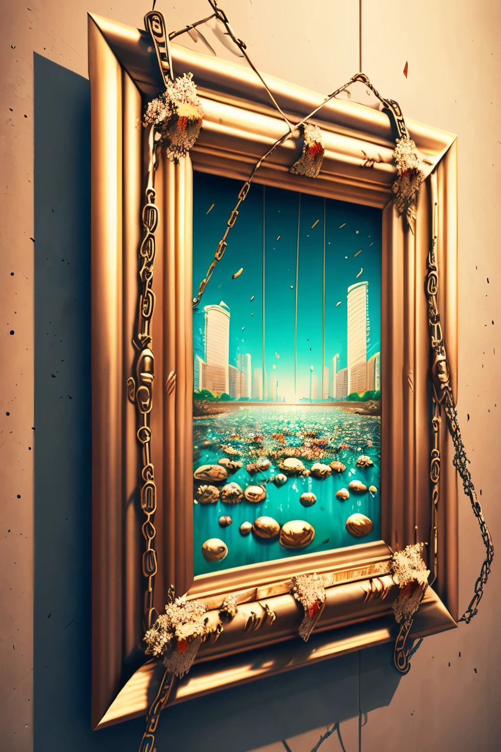 up-and-coming art work, masterpiece, cleansing, trash, gushing, noisy, herd mentality, disappear, anger, stupid mind, rusty chain picture frame