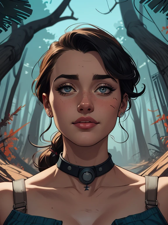 Personagem mulher estilo atompunk Fallout 4 cabelos pretos  atriz Ella Purnell com marcas de guerras Imagem de desenho animado de uma mulher .Ilustracaoo estilo desenho animado, estilo de arte dos desenhos animados, estilo de arte dos desenhos animados, digital illustration style, estilo atompunk design de personagens altamente detalhado, arte digital detalhada coragem,actress Ella Purnell with black hair slim body Forest fan art, Design de cabelos pretos personagens de retrato, beautiful digital illustration, retrato de alta qualidade, Arte em quadrinhos, s . Eyelined eyes, medium bust and wonderful sexy clothes. image expression of sexual desire from waist to head illustration atompunk style Fallout 4 The perspective is from below, enfatizando a majestade e o poder da Gigante."atriz Ella Purnell cabelos pretos