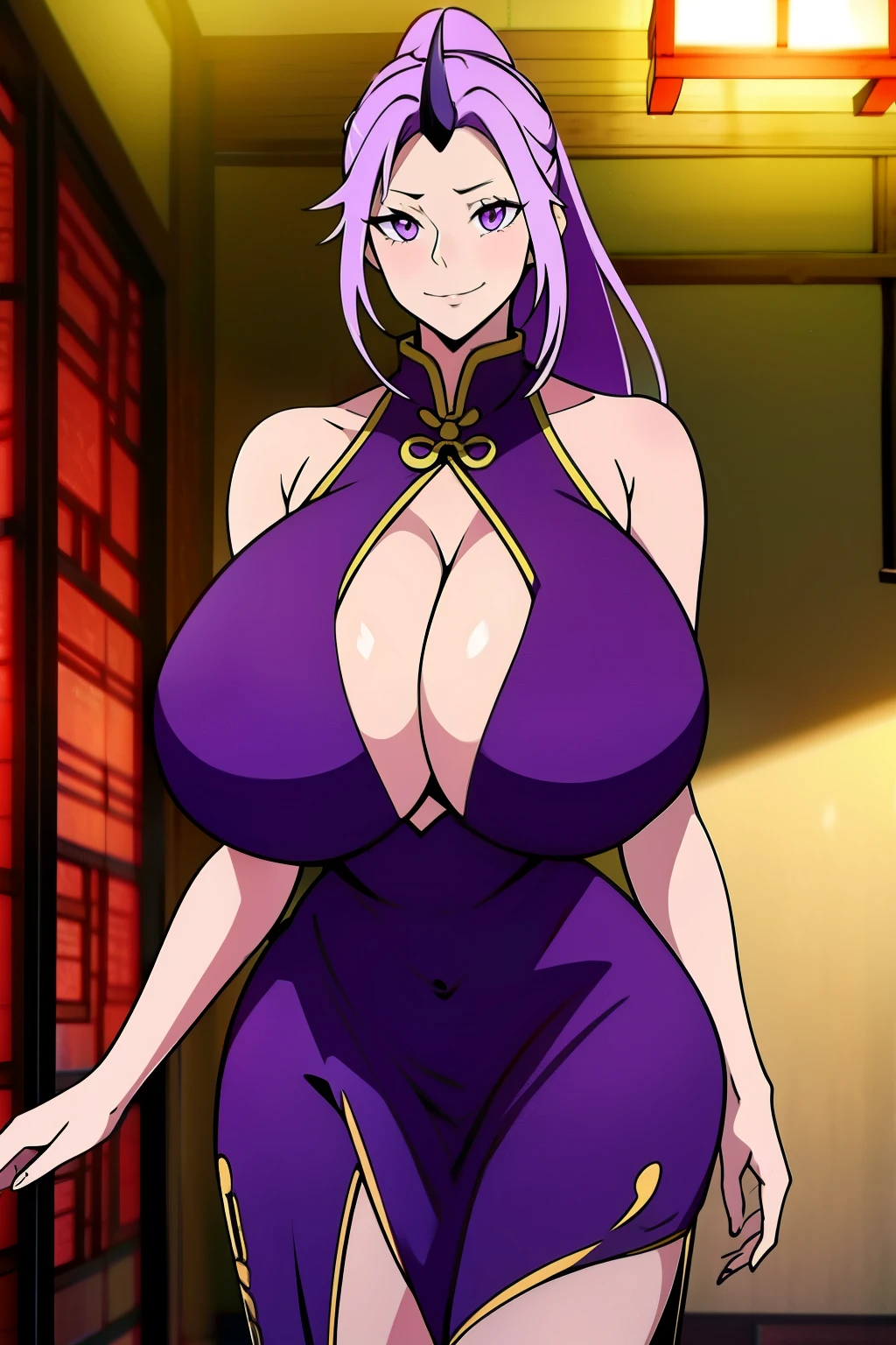 An anime-style artwork depicting shion from the anime tensei shittara slime datta.
Tags: shion, anime, detailed eyes, detailed lips, (chinese dress:1.4), turtleneck, cleavage, mini skirt, midriff, smiling expression, intense gaze, dynamic pose, indoor, palace, vibrant colors, digital art, high-resolution, professional quality, gigantic breasts, (underboob : 1.4), curvy, cowboy shot, (gigantic breasts: 1.4), shion, black horns, hair intakes, horns, long hair, oni, oni girl, oni horn, oni horns, ponytail, (purple eyes:1.1), purple hair, single horn, black horns, hair intakes, horns, long hair, oni, oni girl, oni horn, oni horns, ponytail, (purple eyes:1.1), purple hair, single horn,
