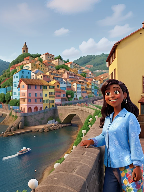 Mulher de pele clara e cabelo preto liso, sorrindo. Background scenery inspired by the film Luca, em Riomaggiore, In an artistic style similar to Pixar, focusing on the characters&#39; expressions, cores vibrantes, Detailed textures and features of your animations.