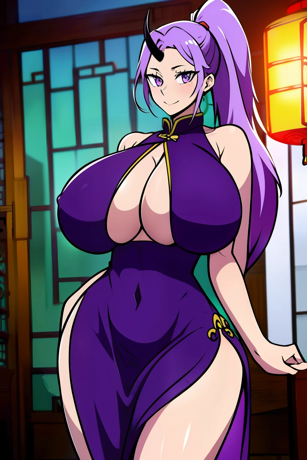 An anime-style artwork depicting shion from the anime tensei shittara slime datta.
Tags: shion, anime, detailed eyes, detailed lips, (chinese dress:1.4), turtleneck, cleavage, mini skirt, midriff, smiling expression, intense gaze, dynamic pose, indoor, palace, vibrant colors, digital art, high-resolution, professional quality, gigantic breasts, (underboob : 1.4), curvy, cowboy shot, (gigantic breasts: 1.4), shion, black horns, hair intakes, horns, long hair, oni, oni girl, oni horn, oni horns, ponytail, (purple eyes:1.1), purple hair, single horn, black horns, hair intakes, horns, long hair, oni, oni girl, oni horn, oni horns, ponytail, (purple eyes:1.1), purple hair, single horn,