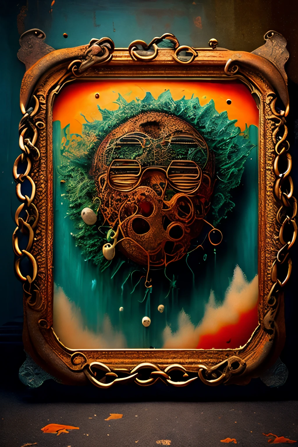 up-and-coming art work, masterpiece, cleansing, trash, gushing, noisy, herd mentality, disappear, anger, stupid mind, rusty chain picture frame