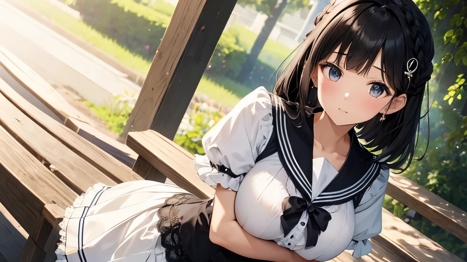 Sailor collar blouse with lots of frills and lace A white skirt with lots of frills and lace Panniers Beauty Black hair braid with hair ornament Upper Body Big Breasts