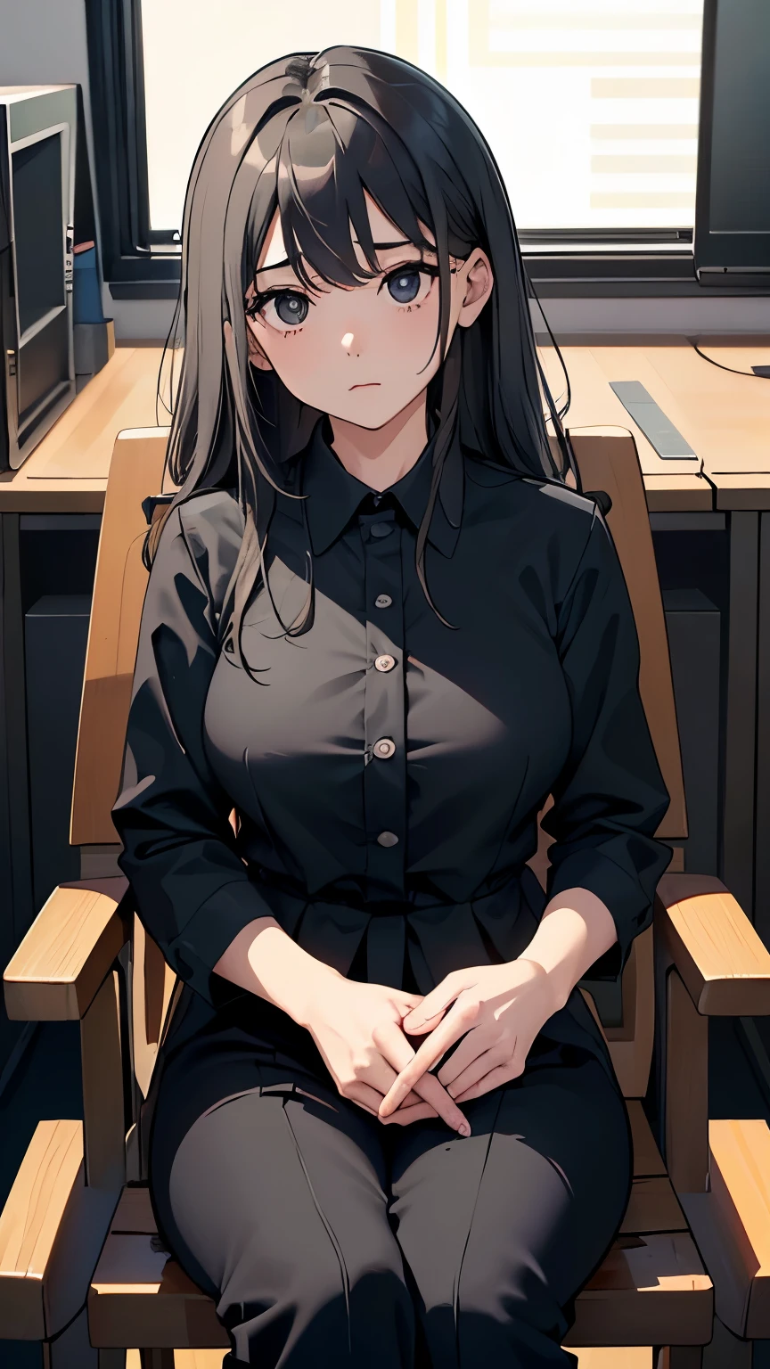 最High quality、Best picture quality、Masterpiece、girl((18 years old、 By becoming、chest vest、Medium bust,open breast numbness、black eyes, gray hair、long hair、thin,highest valley、Black Y shirt、black recruitment uniform,There are documents、Facing the front、sitting on a chair、I feel uncomfortable、one rest'chin on one'chin、nonsense)),High quality、beautiful art、background((Company office))Fly debris、Depth of writing region、movies、visual arts、Perfect Art、8k,real