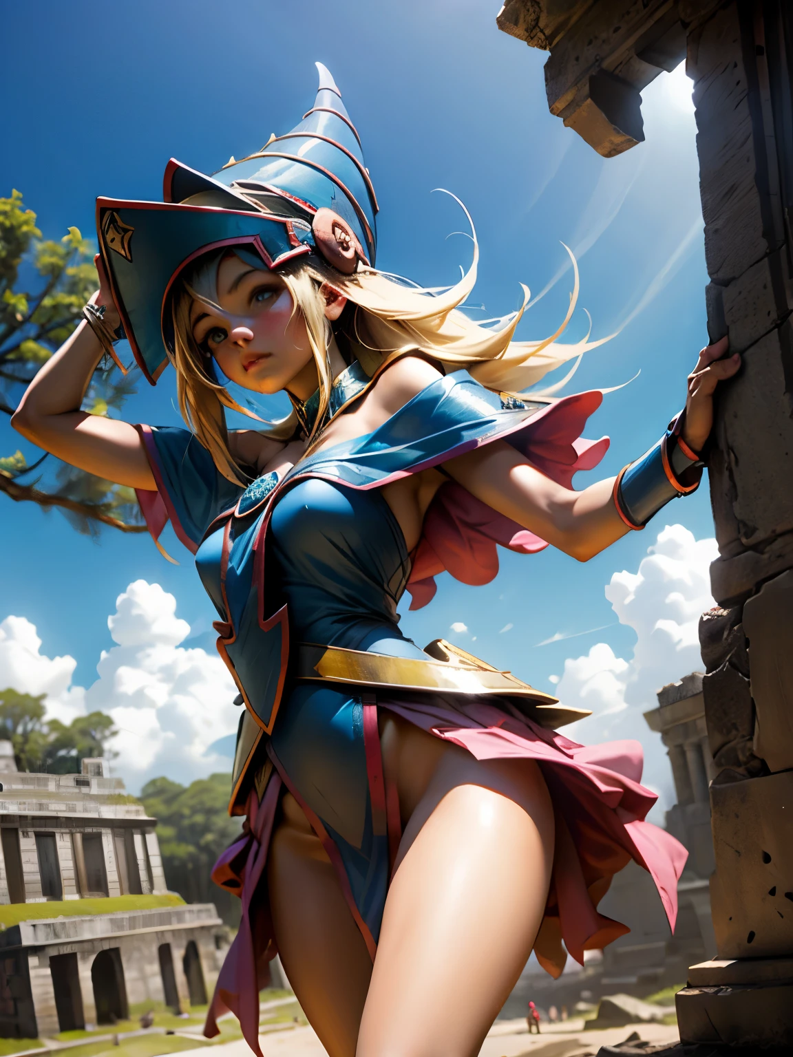 Maga oscura en una ruinas mayas. Ella las sobre vuela. She is in the Aires and sees some Mayan ruins