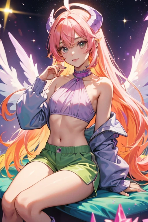 Angel Aura Quartz . She has pink and peach-colored horns located on the top of her head, as well as colored spikes and smaller cyan-colored spikes on her shoulders. She has a light cyan complexion and long, straight, warm yellow-colored hair. She wears a grayish purple cropped bra with a lavender halter-piece underneath, a pair of leaf green shorts and a pair of grayish purple boots with darker purple toe caps. SPARKLE; GLITTER
