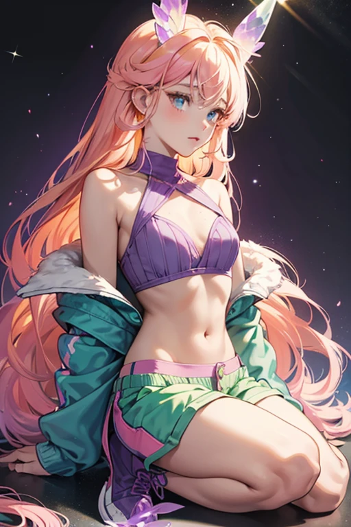 Angel Aura Quartz . She has pink and peach-colored horns located on the top of her head, as well as colored spikes and smaller cyan-colored spikes on her shoulders. She has a light cyan complexion and long, straight, warm yellow-colored hair. She wears a grayish purple cropped bra with a lavender halter-piece underneath, a pair of leaf green shorts and a pair of grayish purple boots with darker purple toe caps. SPARKLE; GLITTER