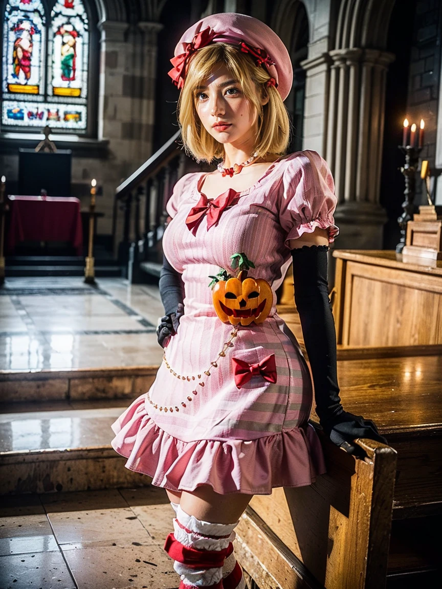 (1 lady), The beautiful, (Best quality at best:1.4), (ultra - detailed), (extremely detailed CG unified 16k), gold blonde hair, very detailed, High-definition RAW color photo, professional photoshooting, amazing face and eyes, cosmetics, (amazingly beautiful girl), ((lambdadelta)), ((dress, shoes bow, red shoes, striped stockings, red bow, pink hat, necklace, gloves, pearl, pumpkin brooch, pink dress)), standing, sexyposture,(Dark and stylish cathedral, stained glass, altar, before the altar, candle lights, candle lights:1.3), (look from down), realistic cinematic face, head to feet long wide zoomed out view, full body long view, photorealistic, ((realistic natural blonde hair style, honey eyes)), gorgeous, extremely beautiful face, perfect model beauty, pout mouth, flirting smile, cleavages, city girl, western, shopping in the city, (masterpiece), best quality, high resolution, extremely detailed, blurred background, depth of field, cinematic lighting, amazing legs, high heels, clear and well-cared skin