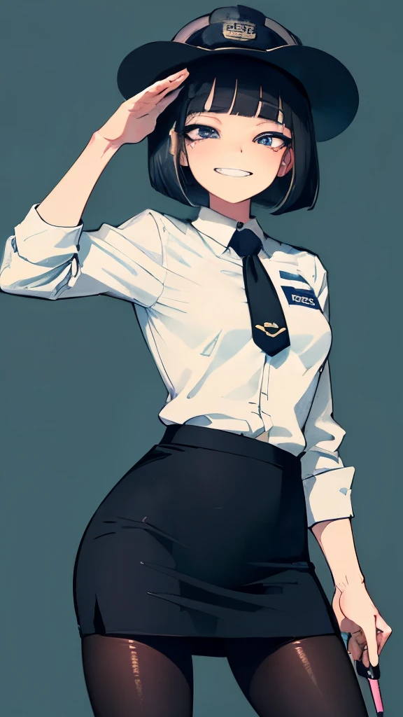 (8K、Highest image quality、highest quality、masterpiece)、detailed face、((one ))、black hair、bob cut、blunt bangs、light blue eyes、evil smile、((grin))、((small breasts))、police hat、((policewoman))、((pencil mini skirt))、black pantyhose、cowboy shot、salute、Urban background
