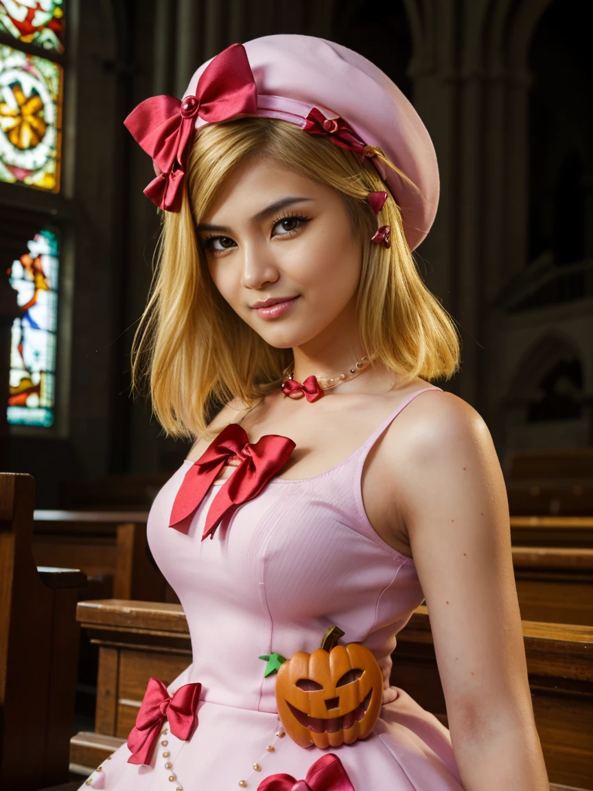 (1 lady), The beautiful, (Best quality at best:1.4), (ultra - detailed), (extremely detailed CG unified 16k), gold blonde hair, very detailed, High-definition RAW color photo, professional photoshooting, amazing face and eyes, cosmetics, (amazingly beautiful girl), ((lambdadelta)), ((dress, shoes bow, red shoes, striped stockings, red bow, pink hat, necklace, gloves, pearl, pumpkin brooch, pink dress)), standing, sexyposture,(Dark and stylish cathedral, stained glass, altar, before the altar, candle lights, candle lights:1.3), (look from down), realistic cinematic face, head to feet long wide zoomed out view, full body long view, photorealistic, ((realistic natural blonde hair style, honey eyes)), gorgeous, extremely beautiful face, perfect model beauty, pout mouth, flirting smile, cleavages, city girl, western, shopping in the city, (masterpiece), best quality, high resolution, extremely detailed, blurred background, depth of field, cinematic lighting, amazing legs, high heels, clear and well-cared skin