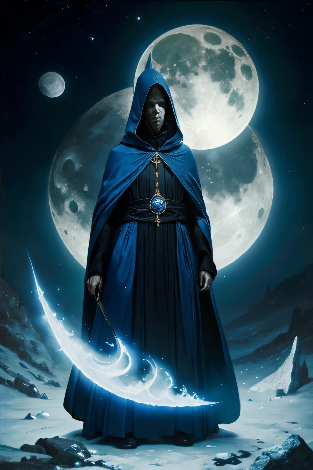 Blue hood. Cloak. Sect dress. Zarathustra's clothes. Moon drawings. Blue cloak. Sect. Moon. Moon sect costume.