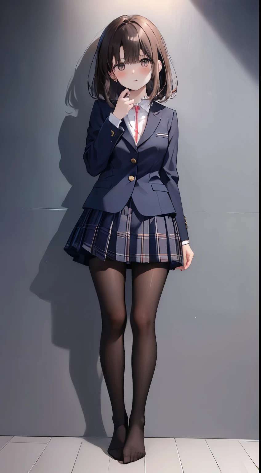 finest, masterpiece, High resolution, (Full body view from head to toe), Composition from slightly below the front, Symmetrical, 18 years old, slim and beautiful girl, alone, (small breasts), (not wearing shoes),Unkempt brown hair, bangs, (black tights), (black pantyhose), tied up with both arms hidden behind the back, , blush, shy big eyes, looking at camera, blazer uniform, plaid pleated skirt、Panties around ankles、Black knee-high socks