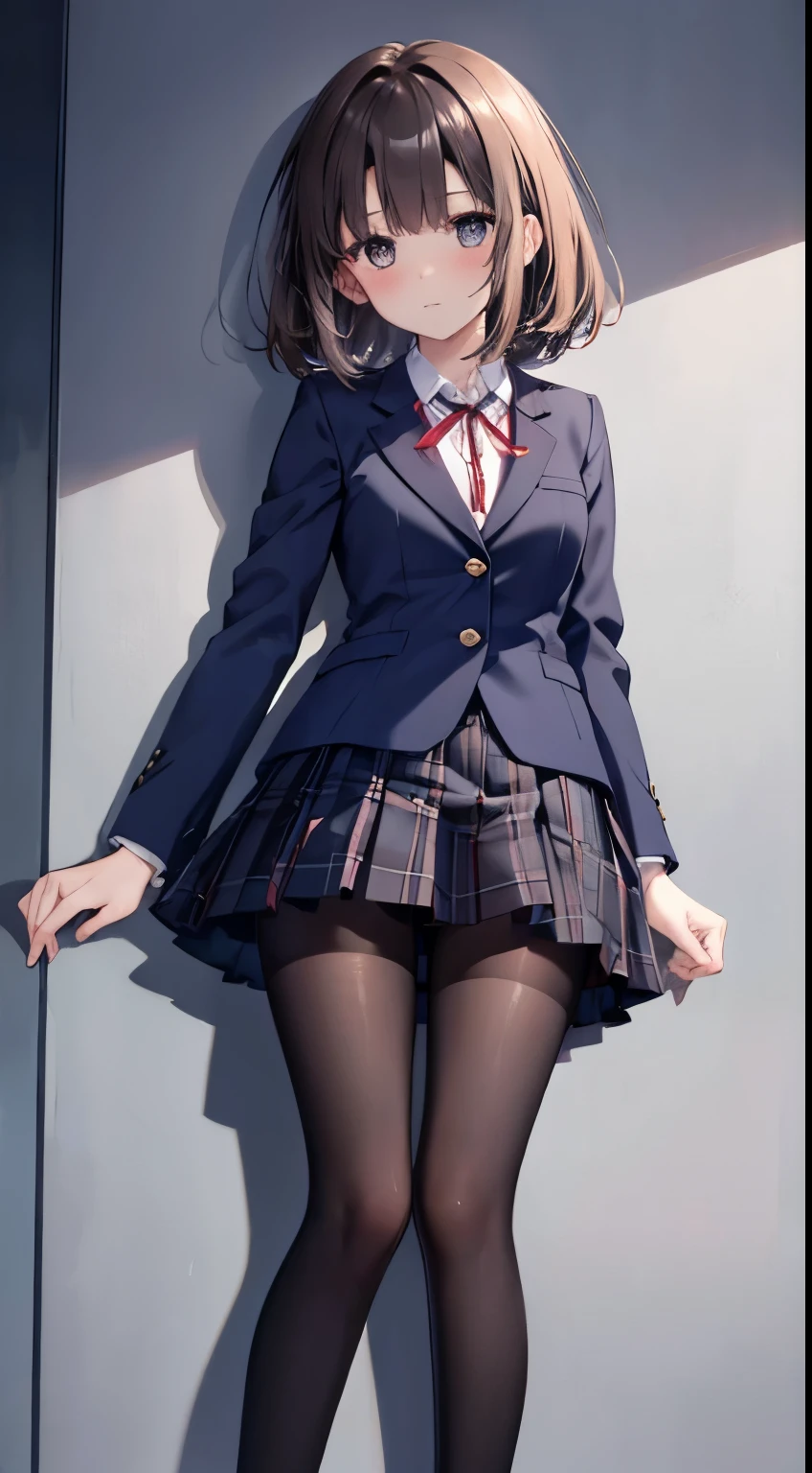 finest, masterpiece, High resolution, (Full body view from head to toe), Composition from slightly below the front, Symmetrical, 18 years old, slim and beautiful girl, alone, (small breasts), (not wearing shoes),Unkempt brown hair, bangs, (black tights), (black pantyhose), tied up with both arms hidden behind the back, , blush, shy big eyes, looking at camera, blazer uniform, plaid pleated skirt、Panties around ankles、Black knee-high socks