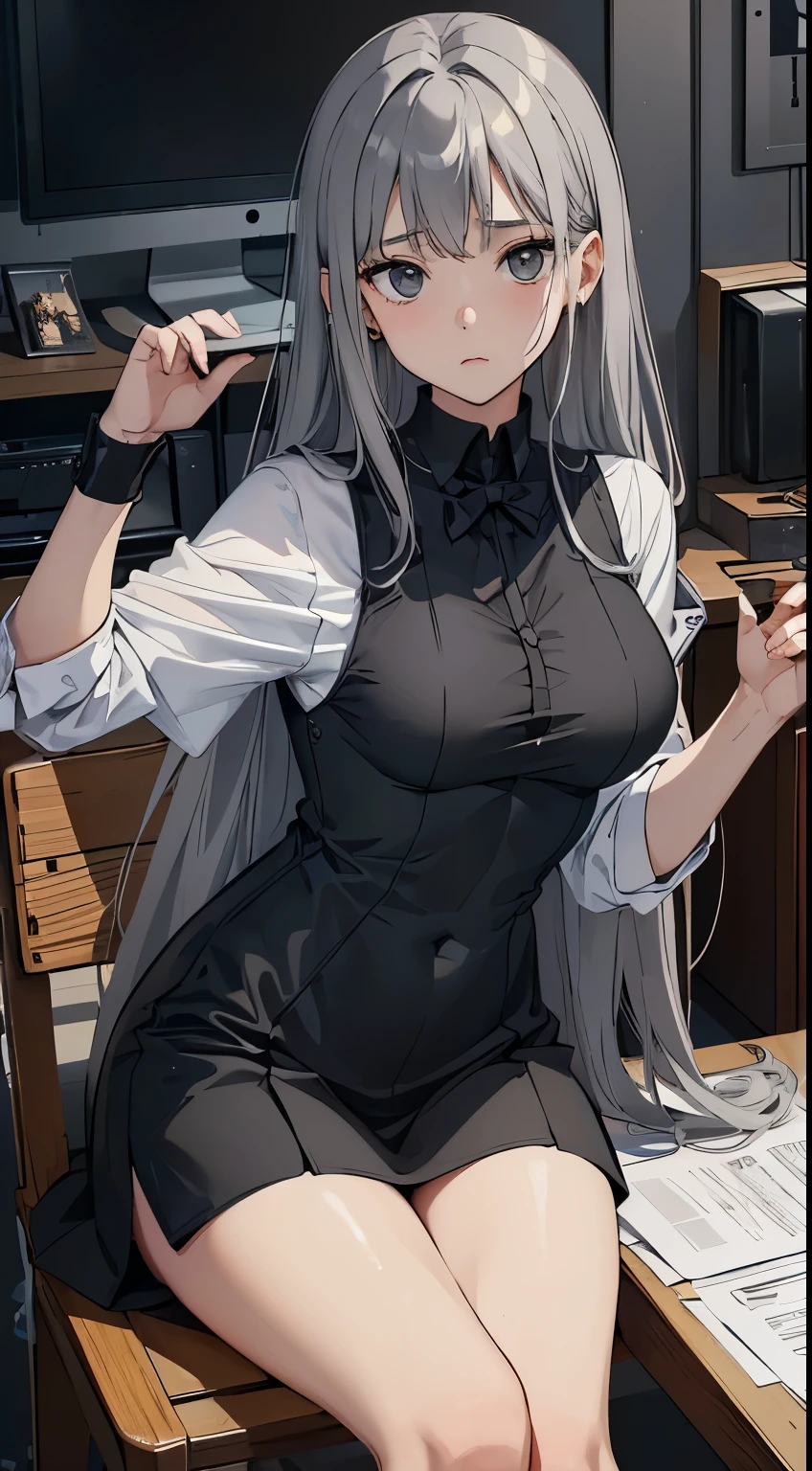 最High quality、Best picture quality、Masterpiece、girl((18 years old、 By becoming、chest vest、Medium bust,open breast numbness、black eyes, gray hair、long hair、thin,highest valley、Black Y shirt、black recruitment uniform,There are documents、Facing the front、sitting on a chair、I feel uncomfortable、one rest'chin on one'chin、nonsense)),High quality、beautiful art、background((Company office))Fly debris、Depth of writing region、movies、visual arts、Perfect Art、8k,real