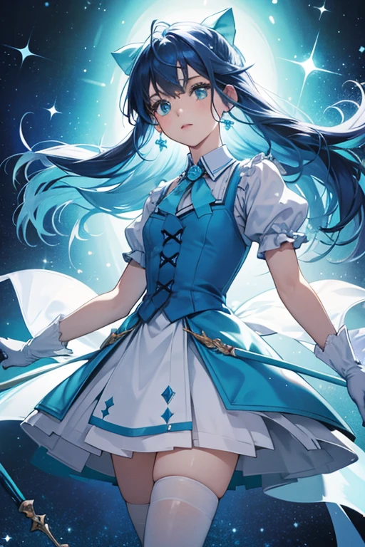 Aquamarine . She a bright cyan-blue complexion, azure eyes light cerulean-blue hair worn in a bobbed style. Her clothing vaguely resembles a prep , consisting of a blue vest worn over a dark blue dress with a white-collar, white wrist-length gloves, white knee-high socks, dark blue flat shoes, and a dark blue hair bow that she can turn into her wand. SPARKLE; GLITTER