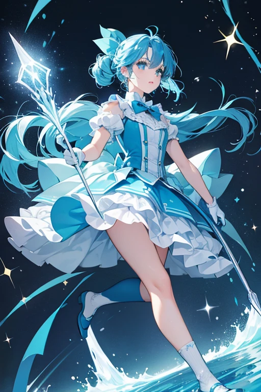 Aquamarine . She a bright cyan-blue complexion, azure eyes light cerulean-blue hair worn in a bobbed style. Her clothing vaguely resembles a prep , consisting of a blue vest worn over a dark blue dress with a white-collar, white wrist-length gloves, white knee-high socks, dark blue flat shoes, and a dark blue hair bow that she can turn into her wand. SPARKLE; GLITTER