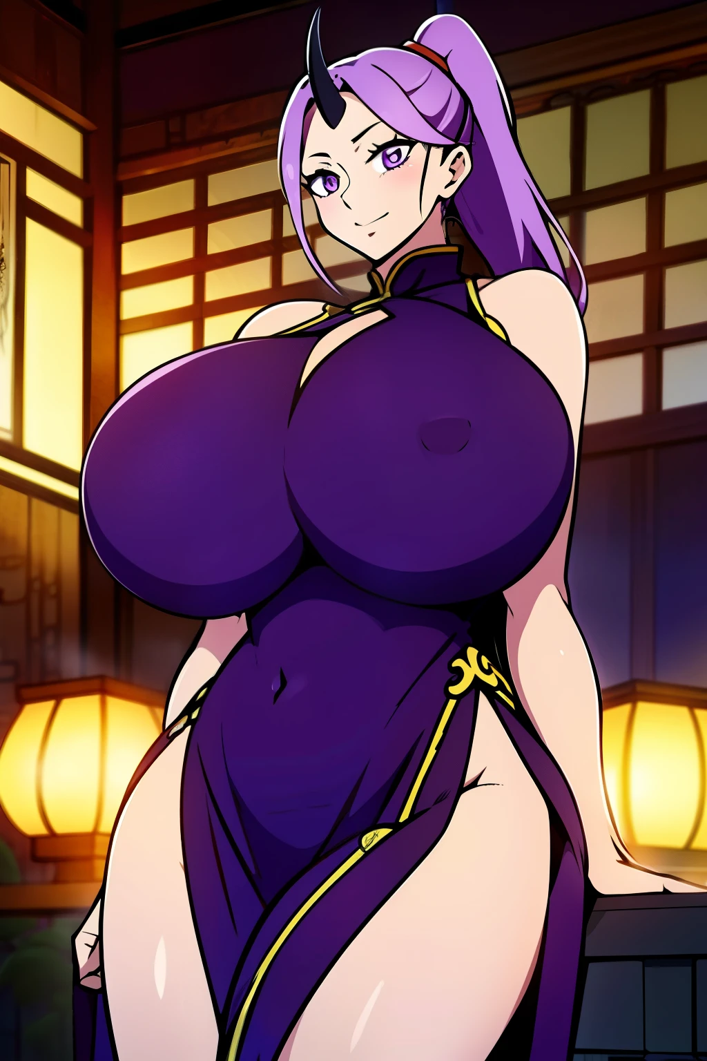 An anime-style artwork depicting shion from the anime tensei shittara slime datta.

Tags: shion, anime, detailed eyes, detailed lips, (chinese dress:1.4), turtleneck, cleavage, mini skirt, midriff, smiling expression, intense gaze, dynamic pose, indoor, palace, vibrant colors, digital art, high-resolution, professional quality, gigantic breasts, (underboob : 1.4), curvy, cowboy shot, (gigantic breasts: 1.4), shion, black horns, hair intakes, horns, long hair, oni, oni girl, oni horn, oni horns, ponytail, (purple eyes:1.1), purple hair, single horn, black horns, hair intakes, horns, long hair, oni, oni girl, oni horn, oni horns, ponytail, (purple eyes:1.1), purple hair, single horn,