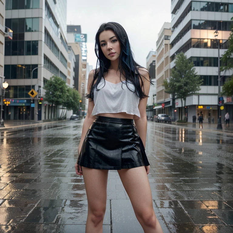 absurdres, high res, ultrasharp, 8K, masterpiece, 1 girl, american girl, aquamarine eyes, reflection in eyes, black hair, straight hair, long hair, small boobs, pointy nipples, big ass, ecchi, thin legs, sports shirt, white shirt, shorts, black shorts, sneakers, black sneakers, full body, smile with teeth, looking at viewers, standing still, arms crossed, new york city background, sunset, street lights