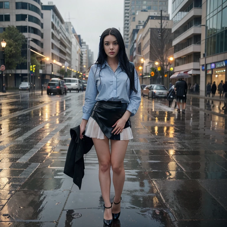 25 year old woman, Amy Lee face, blue eyes, black hair, dressed in a miniskirt, sexy legs, heels that show her feet, posing in a square in the middle of the rain, realistic image, clear details, panoramic view.