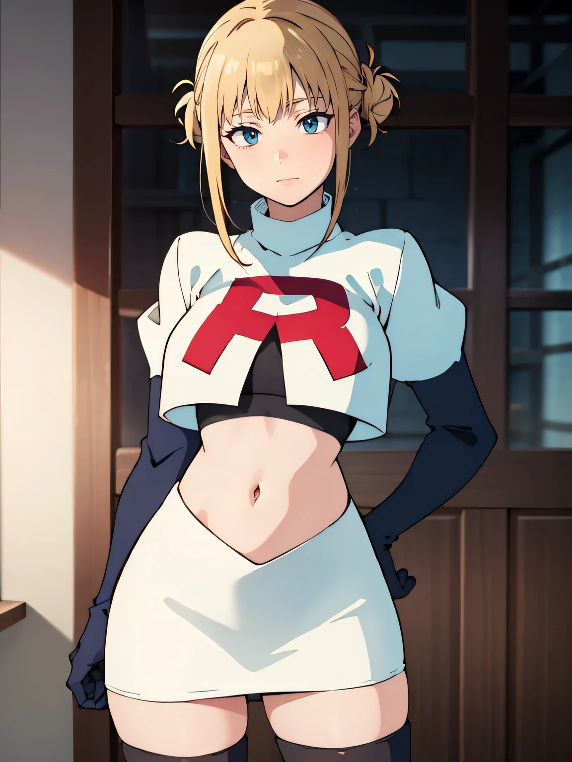 (best quality,4k,8k,highres,masterpiece:1.2),ultra-detailed,realistic,photorealistic:1.37, vibrant colors, studio lighting, bokeh, portrait,toga himiko,team rocket, team rocket uniform, red letter R, seductive smile, white skirt, white crop top, black thigh-high boots, black elbow gloves,zettai ryouiki