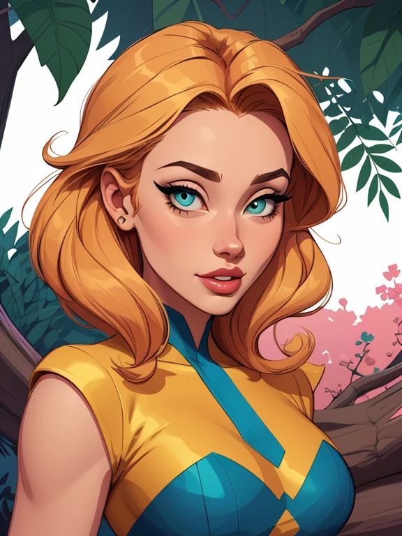 1woman,Serena from pokemon, cleavage, in a rainforest, hands holding own hips, seductive smirk, medium breasts, storm from x-men costume