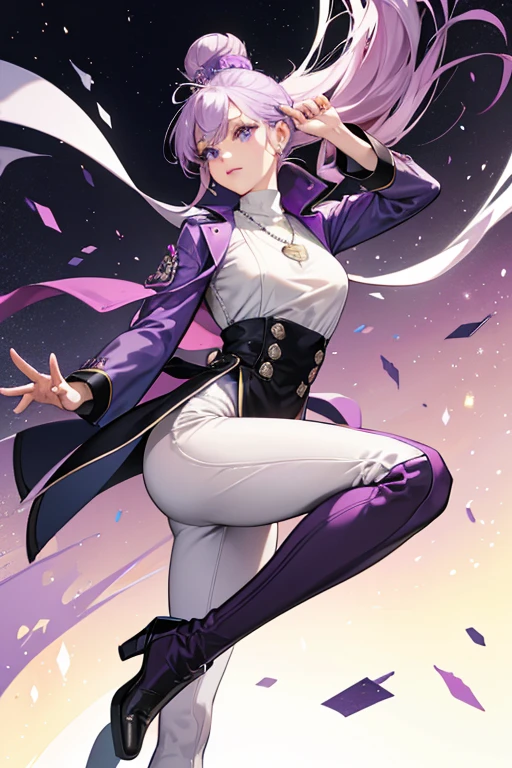 Aubergine Pearl with a thin and flexible build and a pointed beak-like nose. She has lilac skin and violet colored hair that is styled into a bun. Her eyes are significantly different than that of other Pearls, being more slanted. Her outfit is also unique from that of other Pearls; rather than resembling a dancer's costume like theirs do, hers is more reminiscent of a guide's uniform. It consists of a cap sleeved charcoal grey shirt worn over a white mock-turtleneck. She also wears a pair of dark purple, high-waisted leggings as well as a pair of white boots. She wears what appears to be a nametag of some sort on the right side of her shirt. SPARKLE; GLITTER