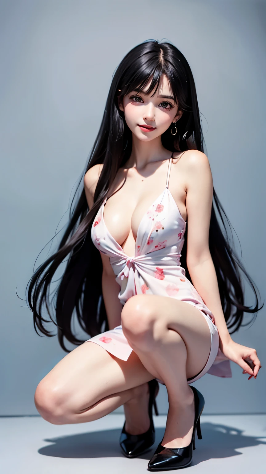 (ultra-realistic realism), (illustratio), (high resolution), (8K), (extremely detaile), (best illustration), (Beautiful and delicate eyes), (Best quality), (Super detailed), (tmasterpiece), (Wallpapers), (Detal Face), Tik, (dynamicposes), Full body image of a person with long hair and a tank top, hinata hyuga, hinata hyuga from naruto, from naruto, as an anime character, perfect anime face, she has dark blue hair with tied up , female anime character, anime characters, best anime girls, style hime cut hair, dark blue hair, pink lips, light purple eyes, smile, (pretty face:1.3)with camisole dress