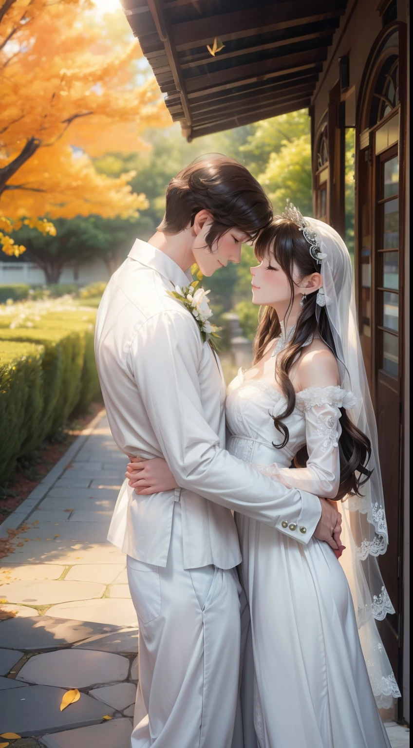 wedding style. Groom dressed in white and silver , Formal but hippie chic. Bride in an Issey Mikalé-inspired wedding dress, Imperial Cut, draped fabric, Long sleeves with wide cuffs and puffy shoulders, Low neckline, Creamy white, Silver Jewelry,  Small bouquet of pink and apricot flowers, Romantic hairstyles, Medium Long Veil, Garden as a background, Natural soft sunlight.A magical sunset over a stunning garden、A beautiful scene unfolds as the groom embraces the bride..。. warm, The golden light of the setting sun gives the couple a gentle glow, Enhance the romance of the moment.

With a beautiful garden in the background, Bright flowers and lush greenery、Creating a picturesque setting in this serene landscape. The beauty of a garden is enhanced by its softness, The ethereal colours of the sunset, Transform into a dreamy paradise.

The groom&#39;s strong, protective embrace、Bride is happy々This contrasts with the delicate grace with which she carries her dress.。. Her radiant smile and joyful expression are、Reflect the happiness of the place, Create a blissful atmosphere.The sunlight of a two-dimensional beautiful girl shines on the couple, Emphasize connection and love. The way the light dances on their faces and clothes、Add a touch of magic to your moments, As if the universe itself is celebrating their union.

Shot with the waning sun in the background, This scene captures the essence of romance and the promise of new beginnings... This image is、The beauty of eternal love、It reflects the power of a shared moment., It reminds us of the deep bond that unites two hearts...