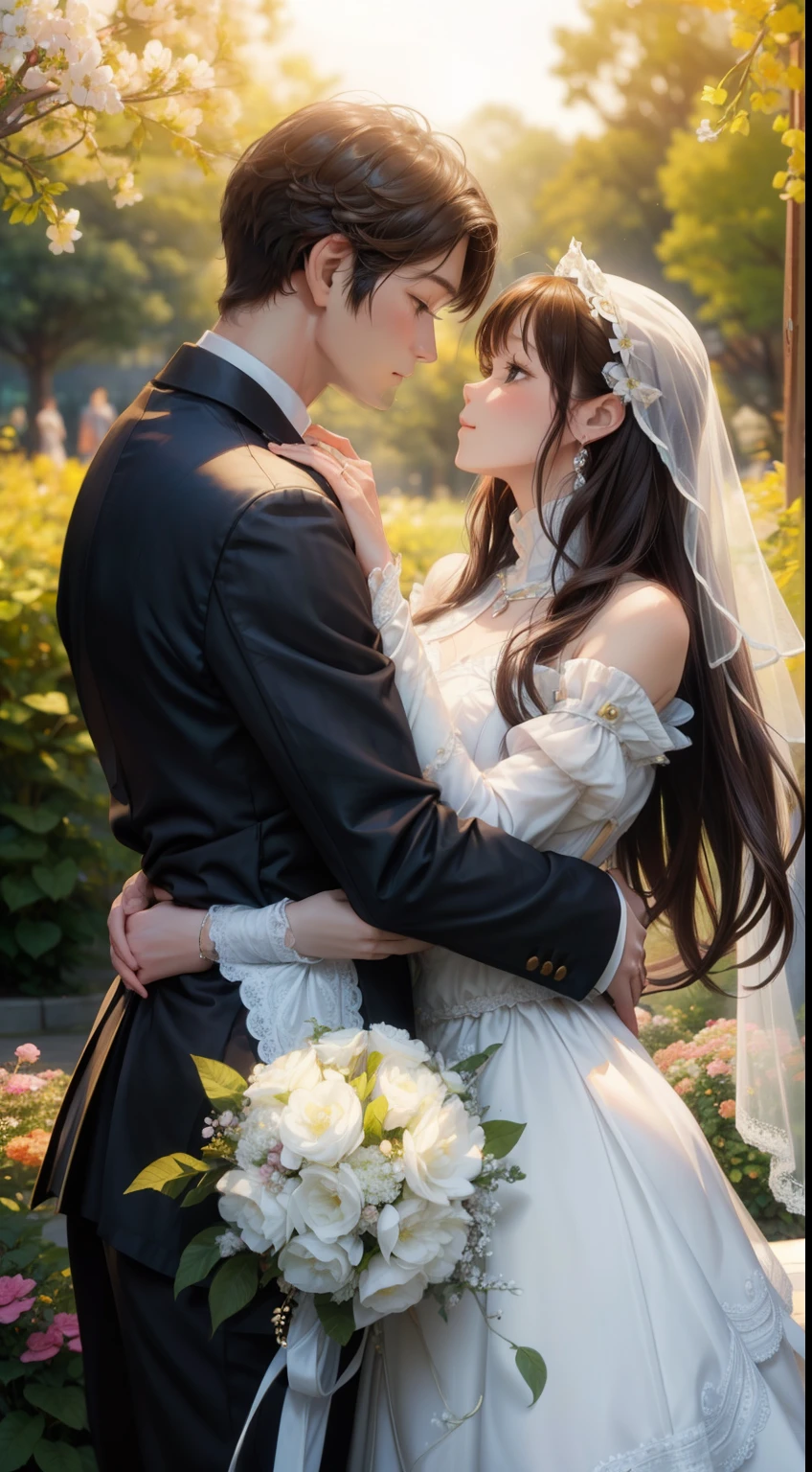 wedding style. Groom dressed in white and silver , Formal but hippie chic. Bride in an Issey Mikalé-inspired wedding dress, Imperial Cut, draped fabric, Long sleeves with wide cuffs and puffy shoulders, Low neckline, Creamy white, Silver Jewelry,  Small bouquet of pink and apricot flowers, Romantic hairstyles, Medium Long Veil, Garden as a background, Natural soft sunlight.A magical sunset over a stunning garden、A beautiful scene unfolds as the groom embraces the bride..。. warm, The golden light of the setting sun gives the couple a gentle glow, Enhance the romance of the moment.

With a beautiful garden in the background, Bright flowers and lush greenery、Creating a picturesque setting in this serene landscape. The beauty of a garden is enhanced by its softness, The ethereal colours of the sunset, Transform into a dreamy paradise.

The groom&#39;s strong, protective embrace、Bride is happy々This contrasts with the delicate grace with which she carries her dress.。. Her radiant smile and joyful expression are、Reflect the happiness of the place, Create a blissful atmosphere.The sunlight of a two-dimensional beautiful girl shines on the couple, Emphasize connection and love. The way the light dances on their faces and clothes、Add a touch of magic to your moments, As if the universe itself is celebrating their union.

Shot with the waning sun in the background, This scene captures the essence of romance and the promise of new beginnings... This image is、The beauty of eternal love、It reflects the power of a shared moment., It reminds us of the deep bond that unites two hearts...