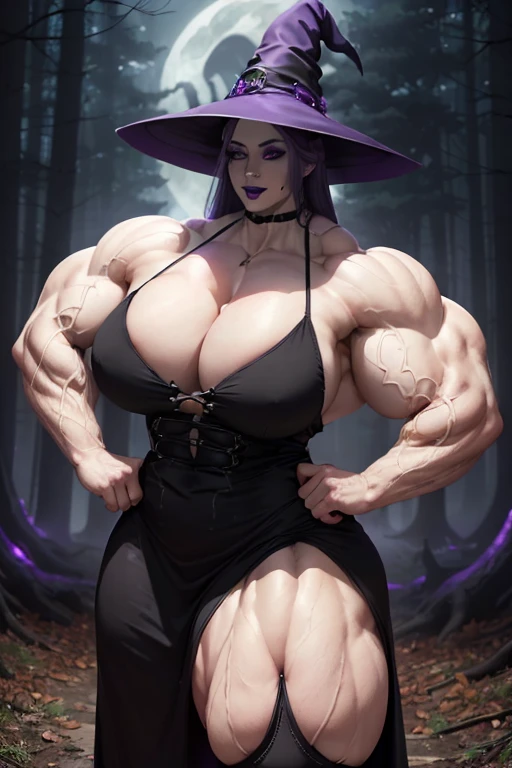 (((((Massive, tall, beautiful, buff, pale white skinned, muscular woman with violet purple hair, black lipstick, ginormous bulky muscles and wearing a beautiful gothic dress with a witch hat))))), (close view), black eyeliner, (massive muscles), massive biceps, hyper muscle triceps, (long hair with long bang), black eyes, (thigh high stockings), high heel boots, in the spooky forest, nighttime, surrounded by souls, evil smile, hyper muscles arms, hyper muscle legs, massive buff arms.