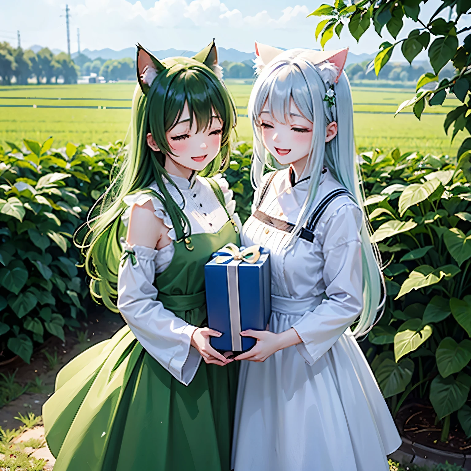 Two people holding a gift box、Cat ears with a pale green ribbon、Pale green hair、pale green eyes、Pale green clothes、Closed eyes that laughed、Appearance of being happy and cheerful、Planting rice、Have a seedling、Background rice fields