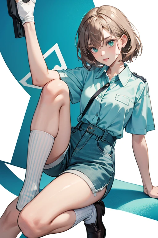 She wears a pale mint-blue shirt/blouse with a turned-down collar and short sleeves with the logo of a letter emblazoned on it. She wears grayish-teal wide waist-banded shorts that end just above the knees. She has a tan support bandage around her left knee. She wears white high-leg socks and brown slip-on shoes. She also carries a mailbag .  SPARKLE; GLITTER