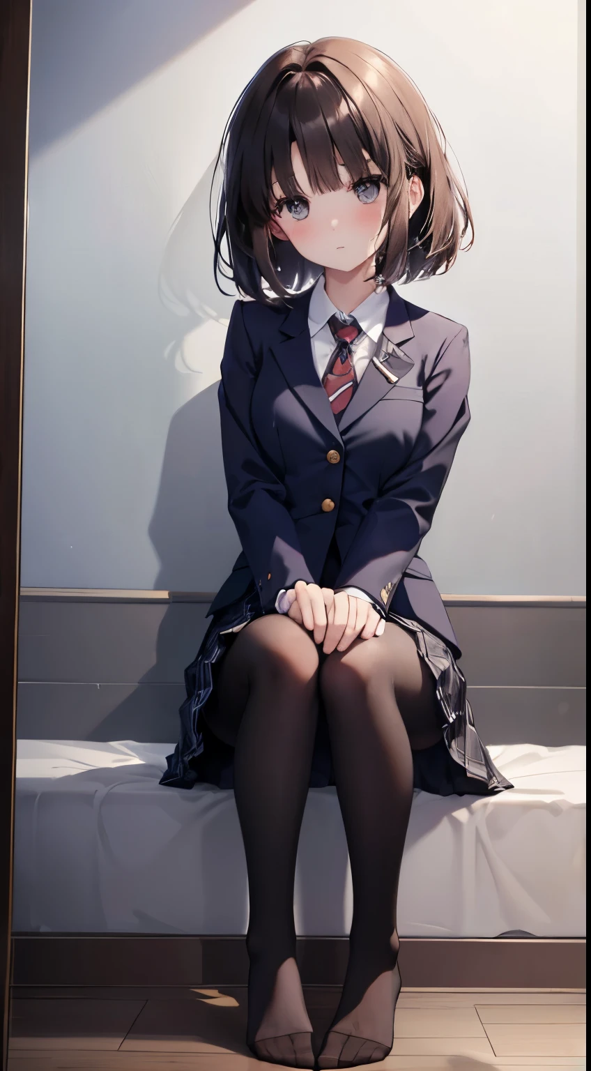 finest, masterpiece, High resolution, (Full body view from head to toe), Composition from slightly below the front, Symmetrical, 18 years old, slim and beautiful girl, alone, (small breasts), (not wearing shoes),Unkempt brown hair, bangs, (black tights), (black pantyhose), tied up with both arms hidden behind the back, , blush, shy big eyes, looking at camera, blazer uniform, plaid pleated skirt、Panties around ankles、Black knee-high socks