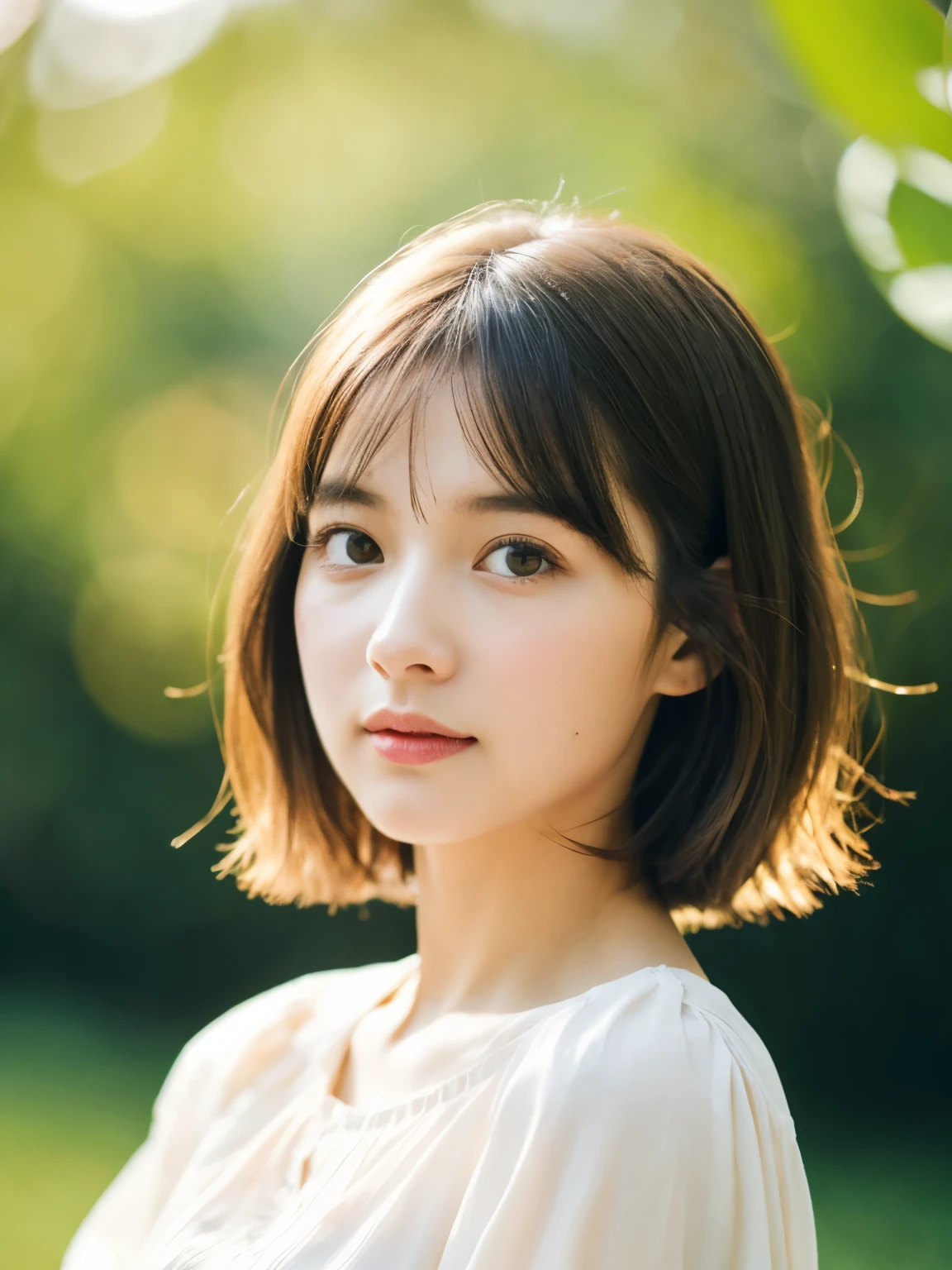 masterpiece, highest quality, 8k, 1 girl, 20th Generation, Mid-chest, cute, alone, sad, Wind, cute, Girlish, Delicate girl, Pure beauty, RAW Photos, Professional photography, Portraiture, Soft Light, Professional Lighting, Backlight, Upper Body, I look forward to seeing you, Sophisticated, Film Grain, (Eyes and facial details:1.0), Short floating hair, Beautiful brown flowing hair, Silk blouse