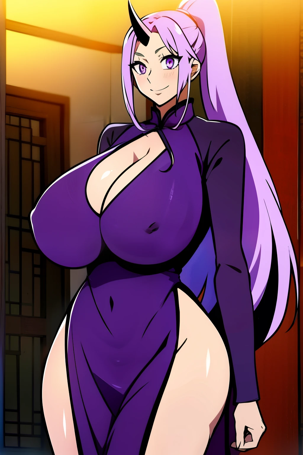 An anime-style artwork depicting shion from the anime tensei shittara slime datta.

Tags: shion, anime, detailed eyes, detailed lips, (chinese dress:1.4), turtleneck, cleavage, mini skirt, midriff, smiling expression, intense gaze, dynamic pose, indoor, palace, vibrant colors, digital art, high-resolution, professional quality, gigantic breasts, (underboob : 1.4), curvy, cowboy shot, (gigantic breasts: 1.4), shion, black horns, hair intakes, horns, long hair, oni, oni girl, oni horn, oni horns, ponytail, (purple eyes:1.1), purple hair, single horn, black horns, hair intakes, horns, long hair, oni, oni girl, oni horn, oni horns, ponytail, (purple eyes:1.1), purple hair, single horn,