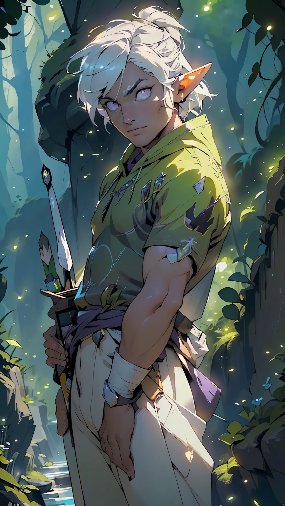 dark elf male,((man:1.5)),1 man,elf_male,dark elf,
(male,muscle,1boy,1 boy,pectoral,man chest,muscular),25 year old man,young,((1male,1 male,1man,man,male gender:1.5,handsome man,male focus)),(((elf))),(((elf ears))),
dark elf, pointed ears,(((purple_eyes:1.3))),intricate eyes,beautiful detailed eyes,symmetrical eyes,(((dark skin:1.5))),white hair,(((lustrous skin:1.5,bright skin: 1.5,skin tanned,shiny skin,very shiny skin,shiny body,plastic glitter skin,exaggerated shiny skin,illuminated skin))),
young handsome male,((detailed face)),
serious face,
(light armor,greatcoat,layered clothing,archer,(purple cape with hood:1.2,purple_cape,hood)),((purple pants,bulge in pants)),((intricate outfit,intricate clothes,purple theme,black theme)),((quiver with arrows:1.5,arrow quiver:1.5)),
(dynamic pose:1.0),serious attitude,(centered,scale to fit dimensions,Rule of thirds),medium shot,
((((many fireflies,fireflies,glowing fireflies,fireflies in the background)))),
((night)),(((cavern with sparkling crystals))),(((bright crystals on the walls))),(((glow crystals))),(((moss))),(((moss everywhere))),(((lots of moss))),(((underground rivers))),(((captivating descent))),(((spectacular free fall))),(((Crystal Caves))),,scenery:1.25,intricate scenery,
(Glossy winter ornaments),highres,sharp focus,(ultra detailed,extremely detailed),(photorealistic artwork:1.37),(extremely detailed CG unity 8k wallpaper),(((vibrant colors,vibrant theme))),(intricate),(masterpiece),(best quality),artistic photography,(photography taken by sldr),(intricate background),perfect rendered face,perfect face details,realistic face,photo realistic,((intricate detail)),(((realism))),