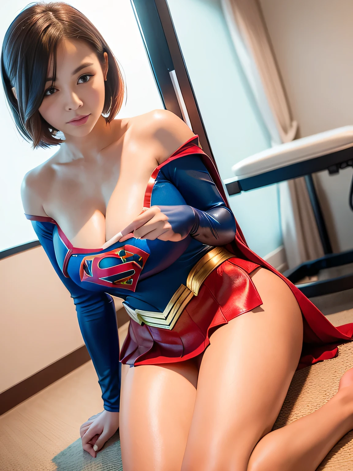 masterpiece、Shorthair Supergirl、centralized treatment room、operating table、Big and ample breasts、Red mini skirt、barefoot、Looking at the camera、Shiny Costumes、Off the shoulder、Long sleeve、Please put your hands on your hipodel Body Type、
