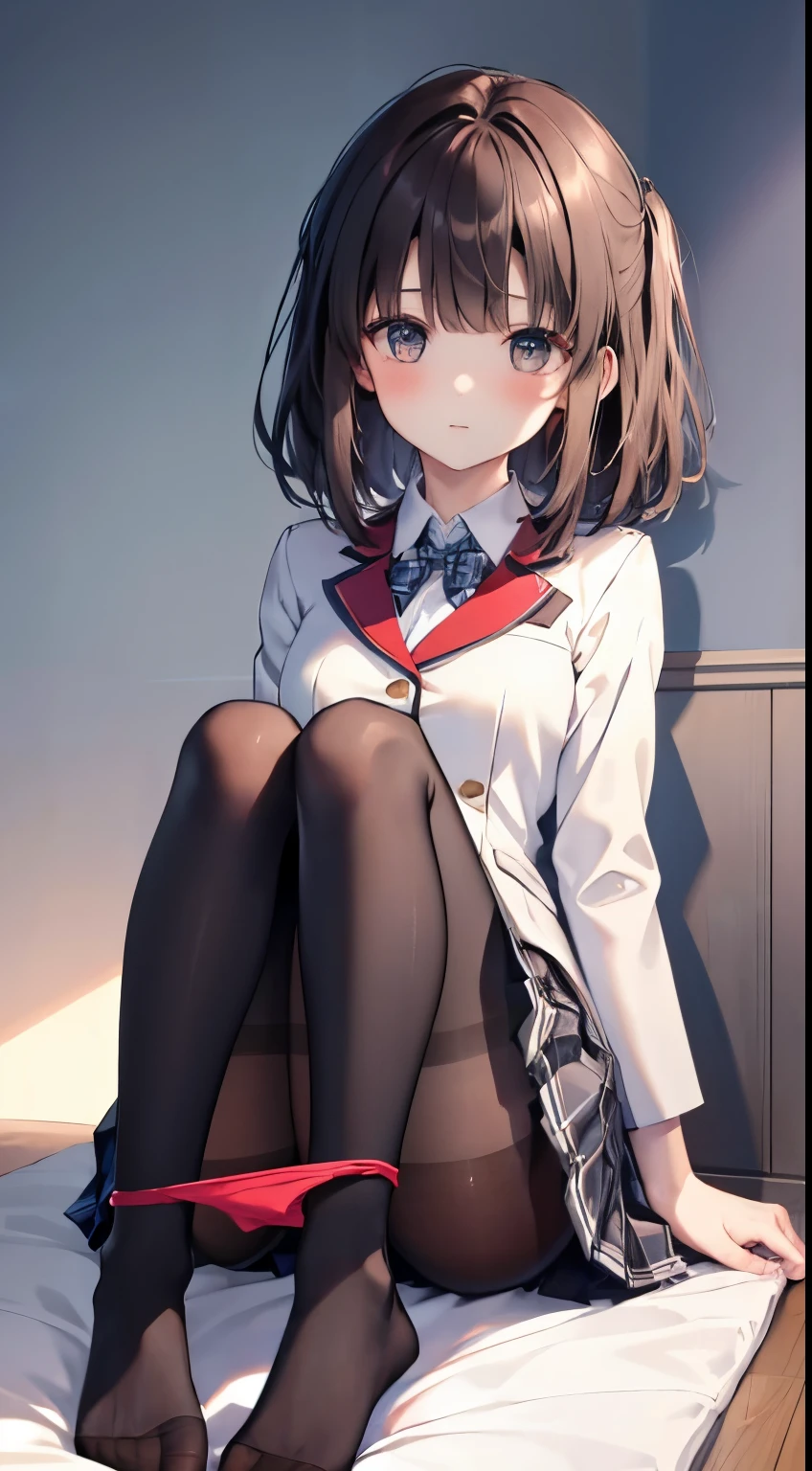 finest, masterpiece, High resolution, (Full body view from head to toe), Composition from slightly below the front, Symmetrical, 18 years old, slim and beautiful girl, alone, (small breasts), (not wearing shoes),Unkempt brown hair, bangs, (black tights), (black pantyhose), tied up with both arms hidden behind the back, , blush, shy big eyes, looking at camera, blazer uniform, plaid pleated skirt、Panties around ankles、Black knee-high socks