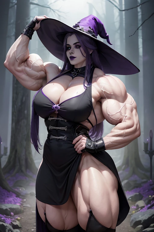 (((((Massive, tall, beautiful, buff, pale white skinned, muscular woman with violet purple hair, black lipstick, ginormous bulky muscles and wearing a beautiful gothic dress with a witch hat))))), (close view), black eyeliner, (massive muscles), massive biceps, hyper muscle triceps, (long hair with long bang), black eyes, (thigh high stockings), high heel boots, in the spooky forest, nighttime, surrounded by souls, evil smile, hyper muscles arms, hyper muscle legs, massive buff arms.